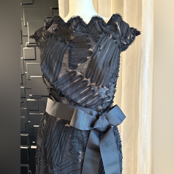 Tadashi Shoji Demie gown 8 black, sequins, ruffles. Ribbon tie waist - Picture 3 of 13